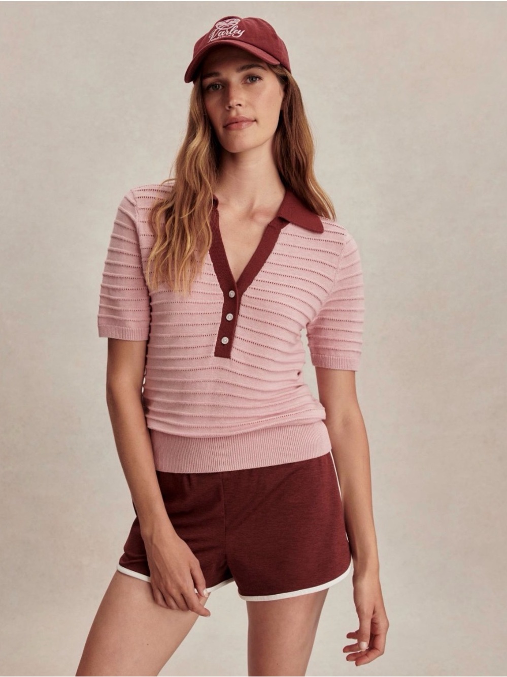 Varley Pink Short-Sleeve Knit Polo with Maroon Contrast Collar